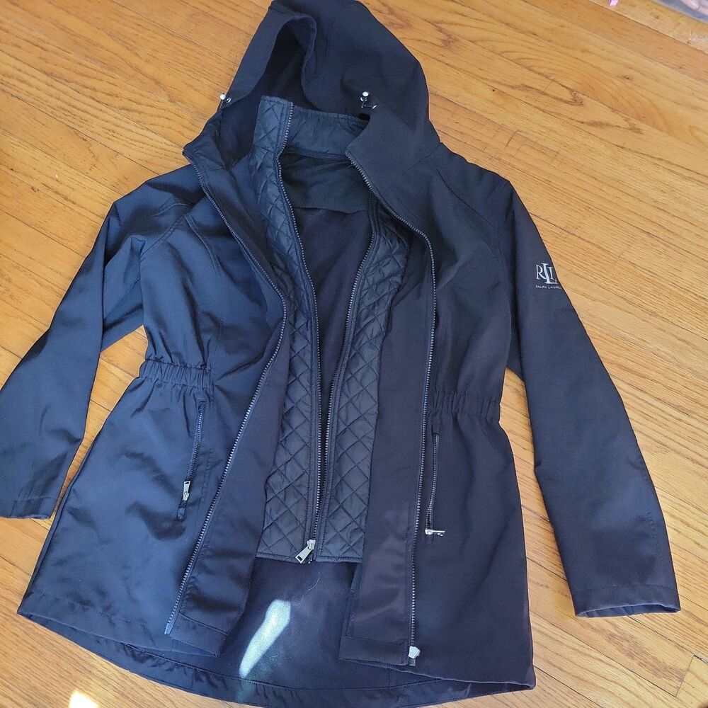 Ralph Lauren Hooded Jacket Parka soft shell Coat Black quilt Double Zipper Sz XL